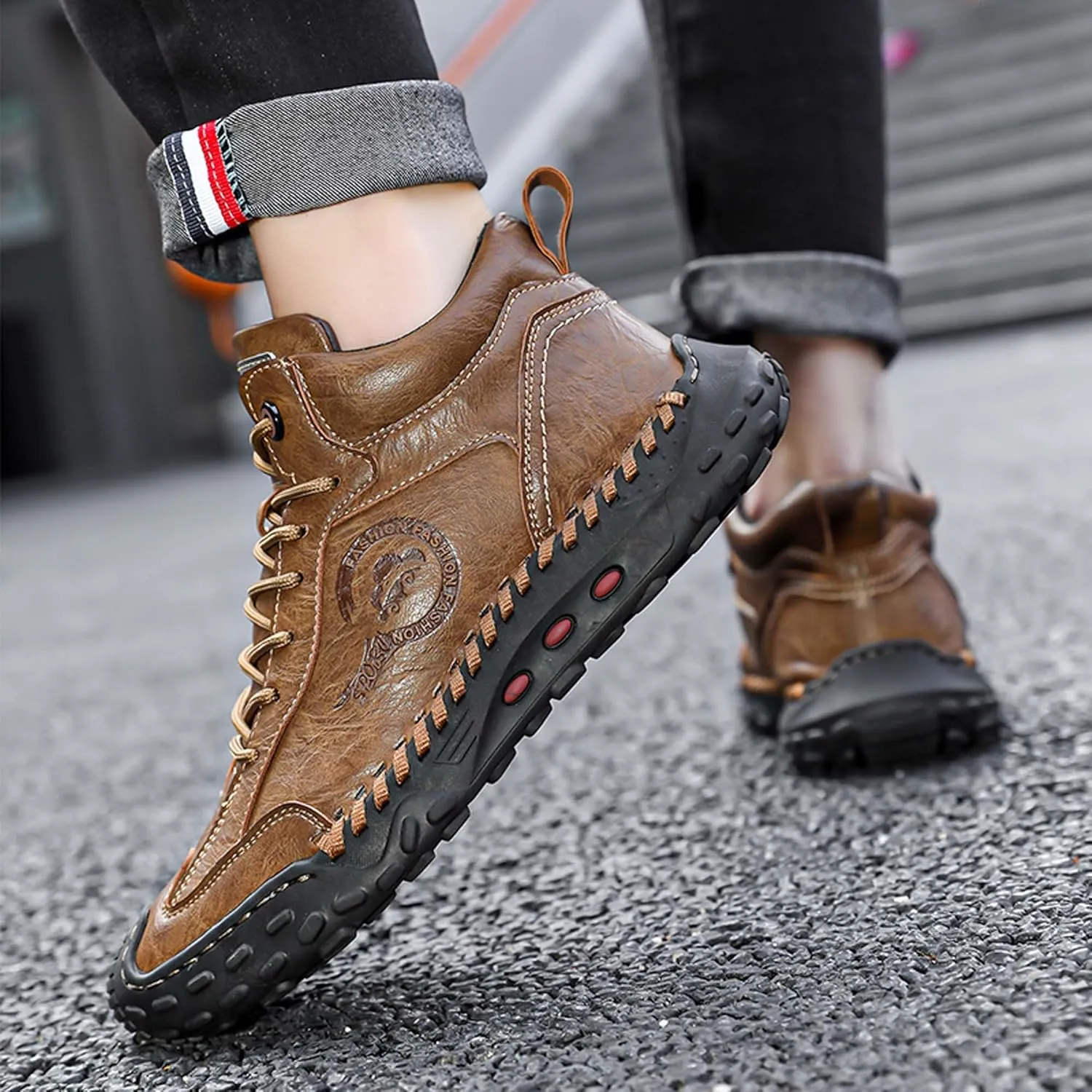 Men's Premium Cow Leather Sneakers, Walking Shoes, Mid Top Casual Shoes for Men,Mesh Lining, Hand Sewn, Comfortable, Soft, Non-Slip, Durable