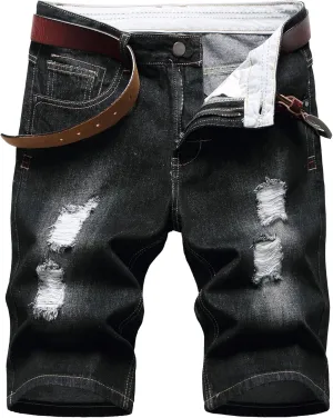 Men's Street Style Jean Shorts Fashion Ripped Knee Lenght Half Jeans Distressed Classic Fit Frayed Short Jean Pants