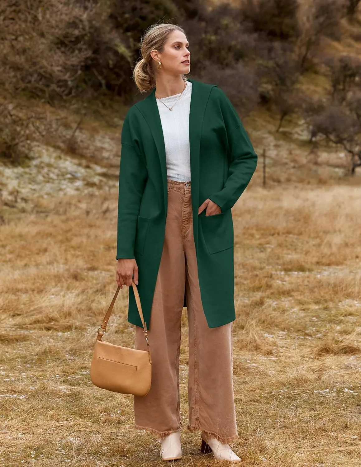 MEROKEETY Long Hooded Cardigan Sweaters for Women Oversized Open Front Coatigan Lady Jacket Coat Pockets
