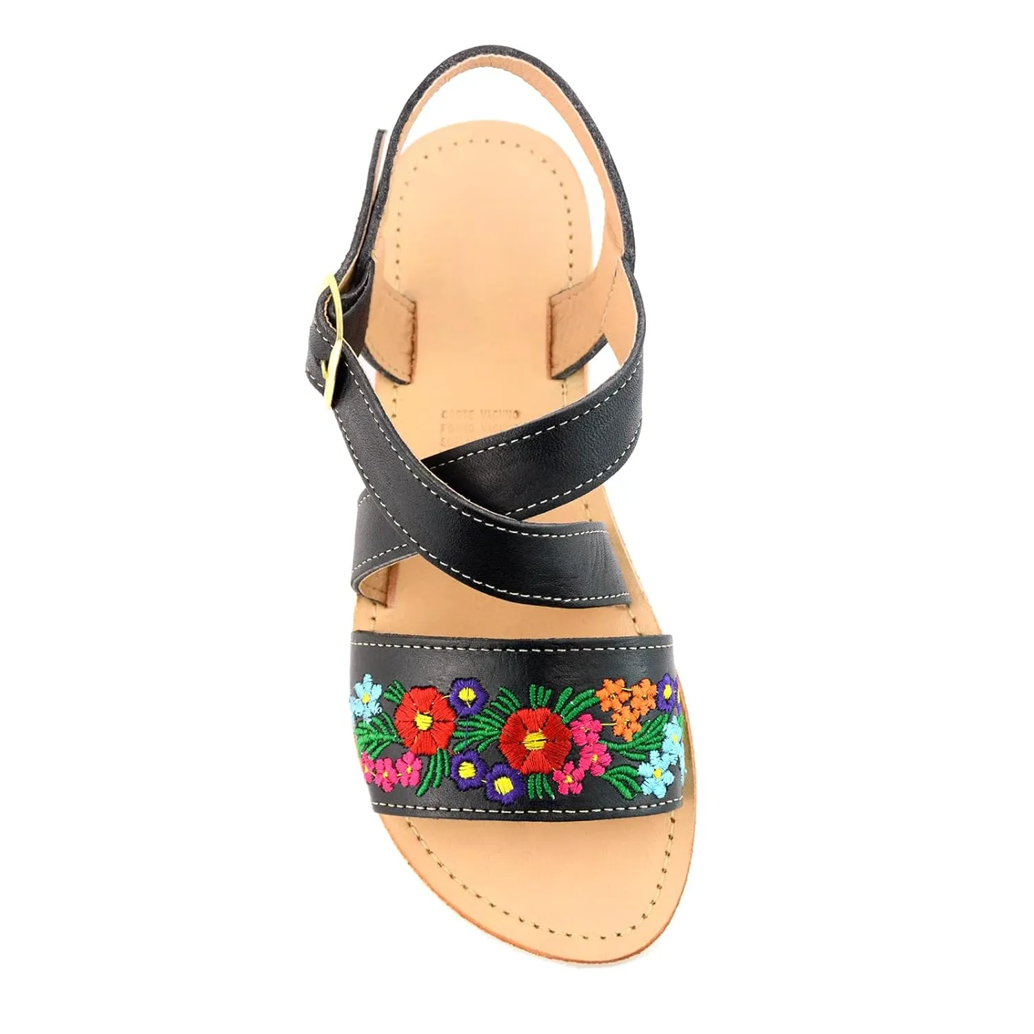 Mexican Leather Sandals with Embroidered Flowers for Women - Model 805 (9, Black)