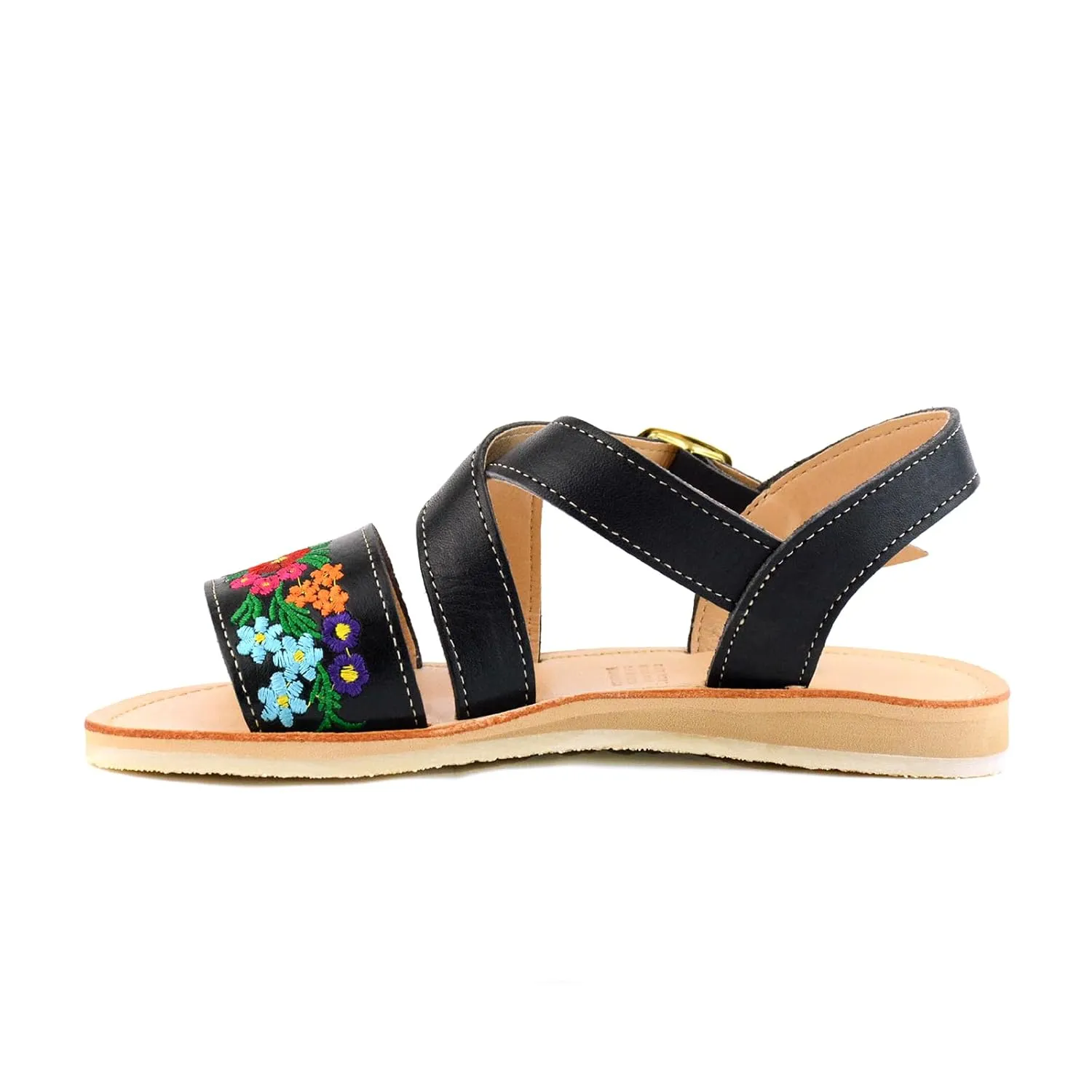 Mexican Leather Sandals with Embroidered Flowers for Women - Model 805 (9, Black)