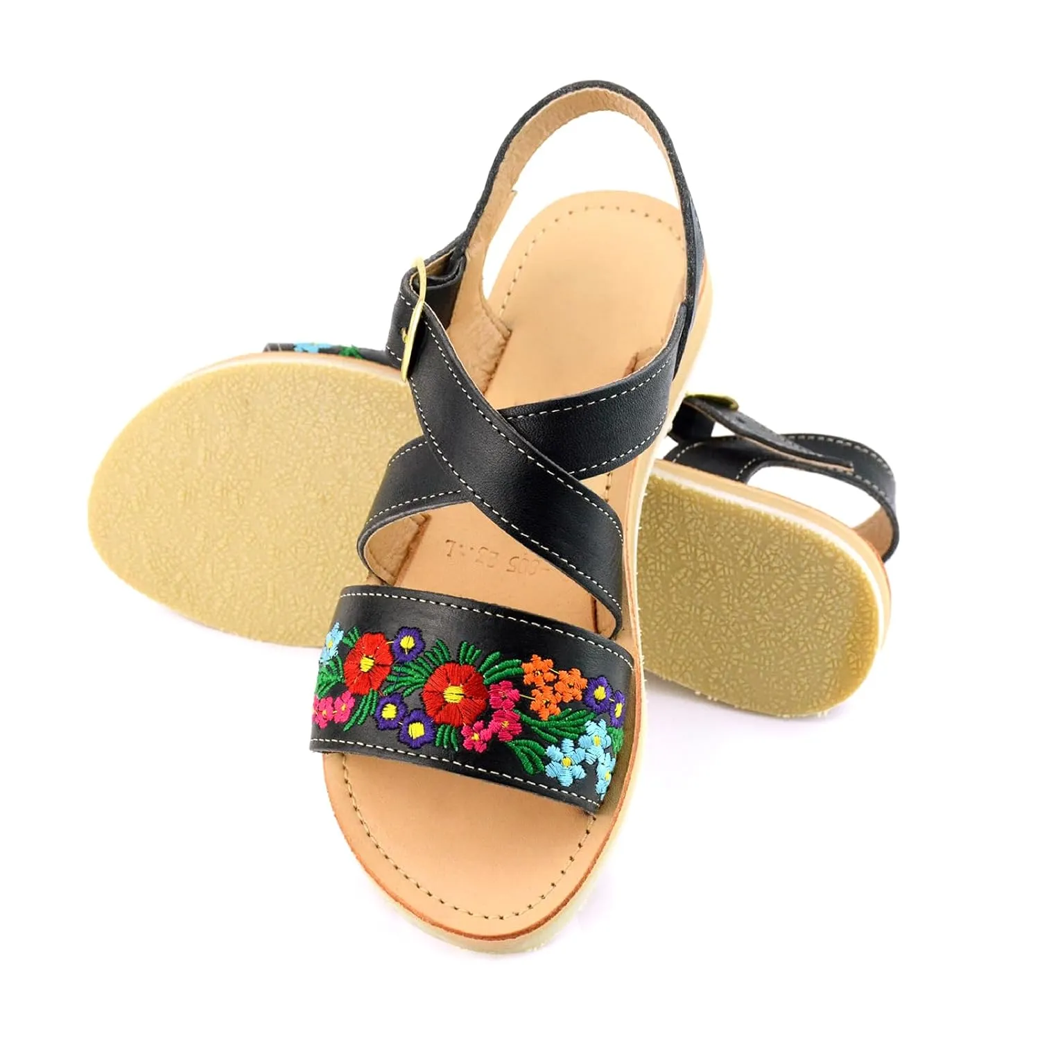 Mexican Leather Sandals with Embroidered Flowers for Women - Model 805 (9, Black)