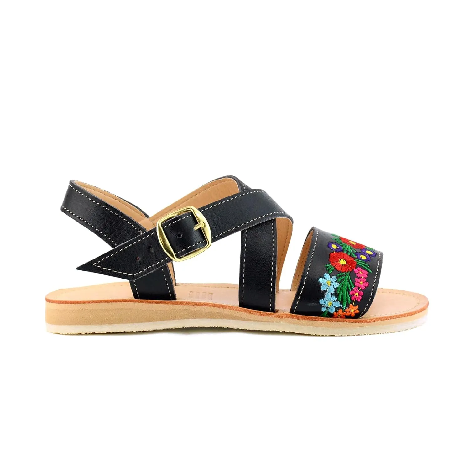 Mexican Leather Sandals with Embroidered Flowers for Women - Model 805 (9, Black)