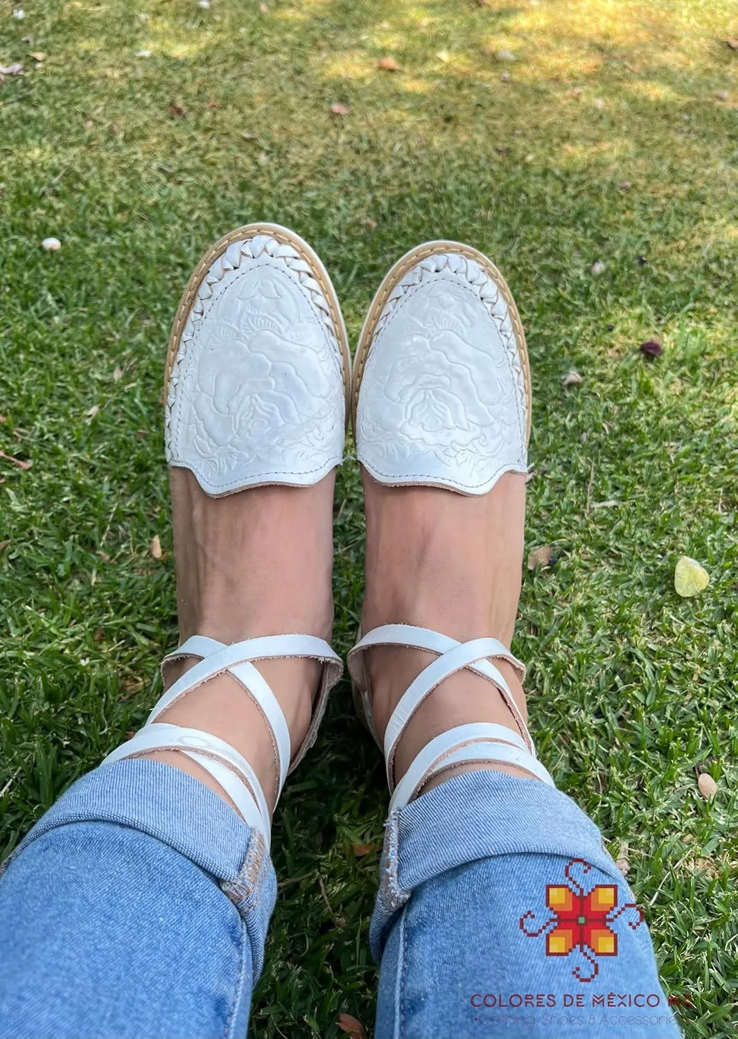 Mexican Leather Shoes with Long Crossed Roman Straps for Women - Model 440 (8, White)