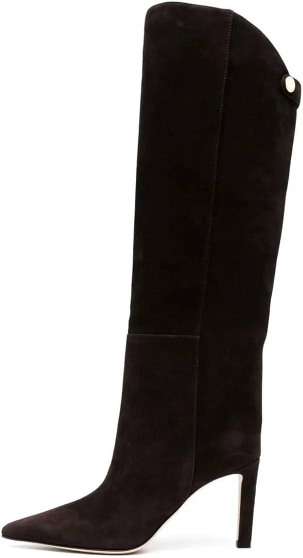Milooey shoes Women's Pointed Toe Knee High Boots Sexy Stiletto High Heel Long Boots Button Pull On Fall Winter Warm Shoes Size 4-16 Us