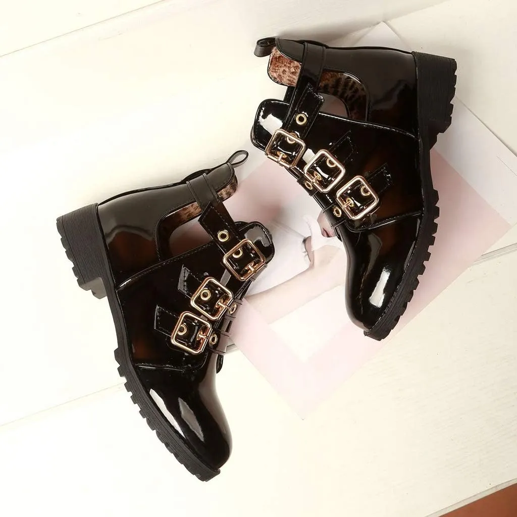 MIOKE Women's Flat Dressy Ankle Booties Fashion Round Toe Buckle Strappy Zipper Low Heel Combat Short Boots