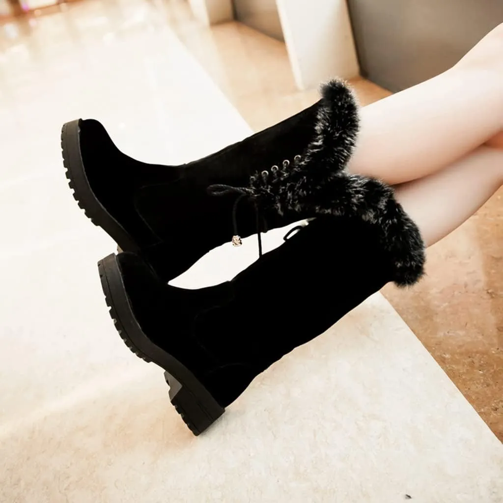 MIOKE Women's Winter Fur Mid Calf Snow Boots Waterproof Suede Buckle Slip On Platform Wide Warm Snow Boot