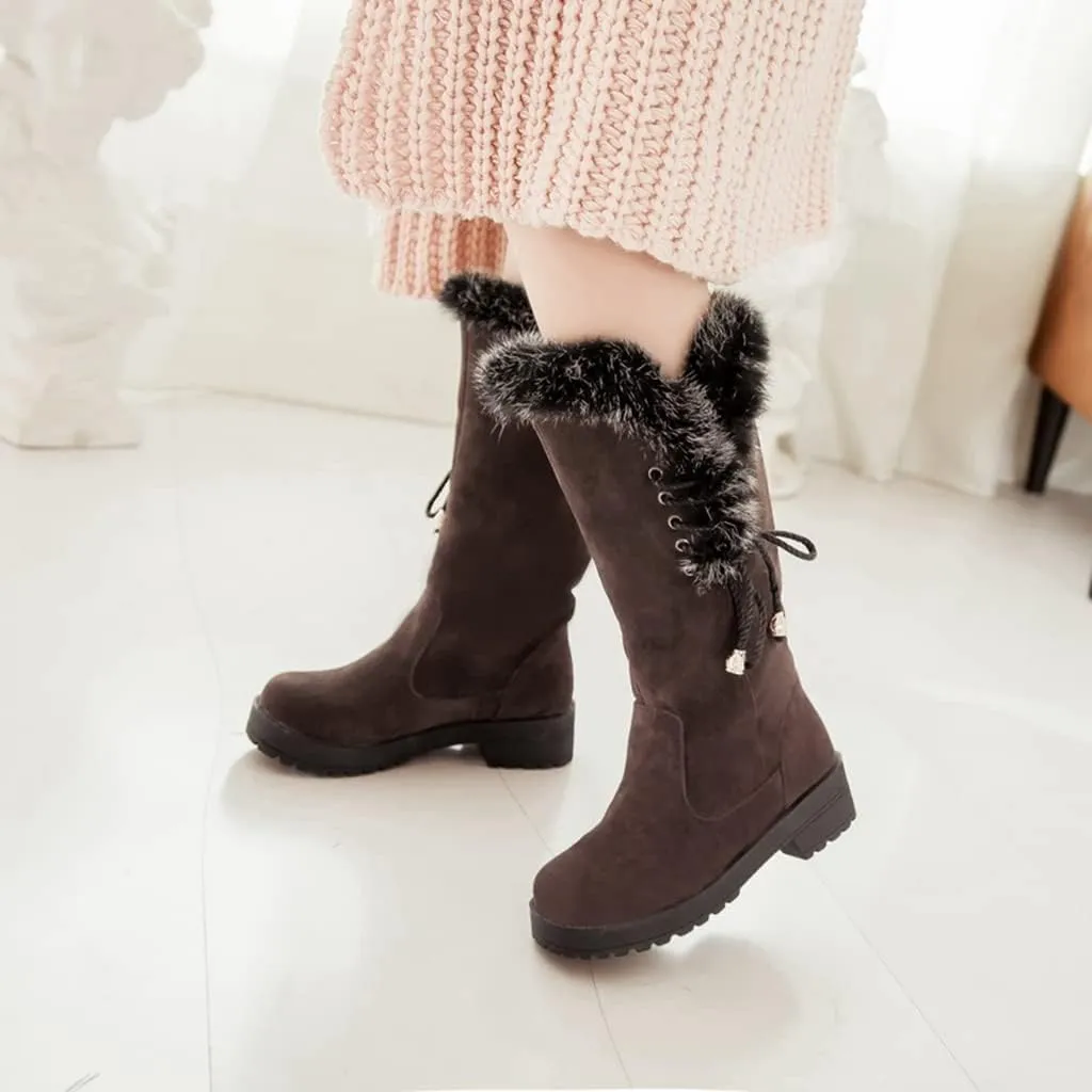 MIOKE Women's Winter Fur Mid Calf Snow Boots Waterproof Suede Buckle Slip On Platform Wide Warm Snow Boot