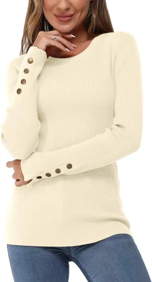 Newshows Women's Fall Fashion Sweater Long Sleeve Crew Neck Button Stretch Casual Pullover Tops Winter Clothes Trendy