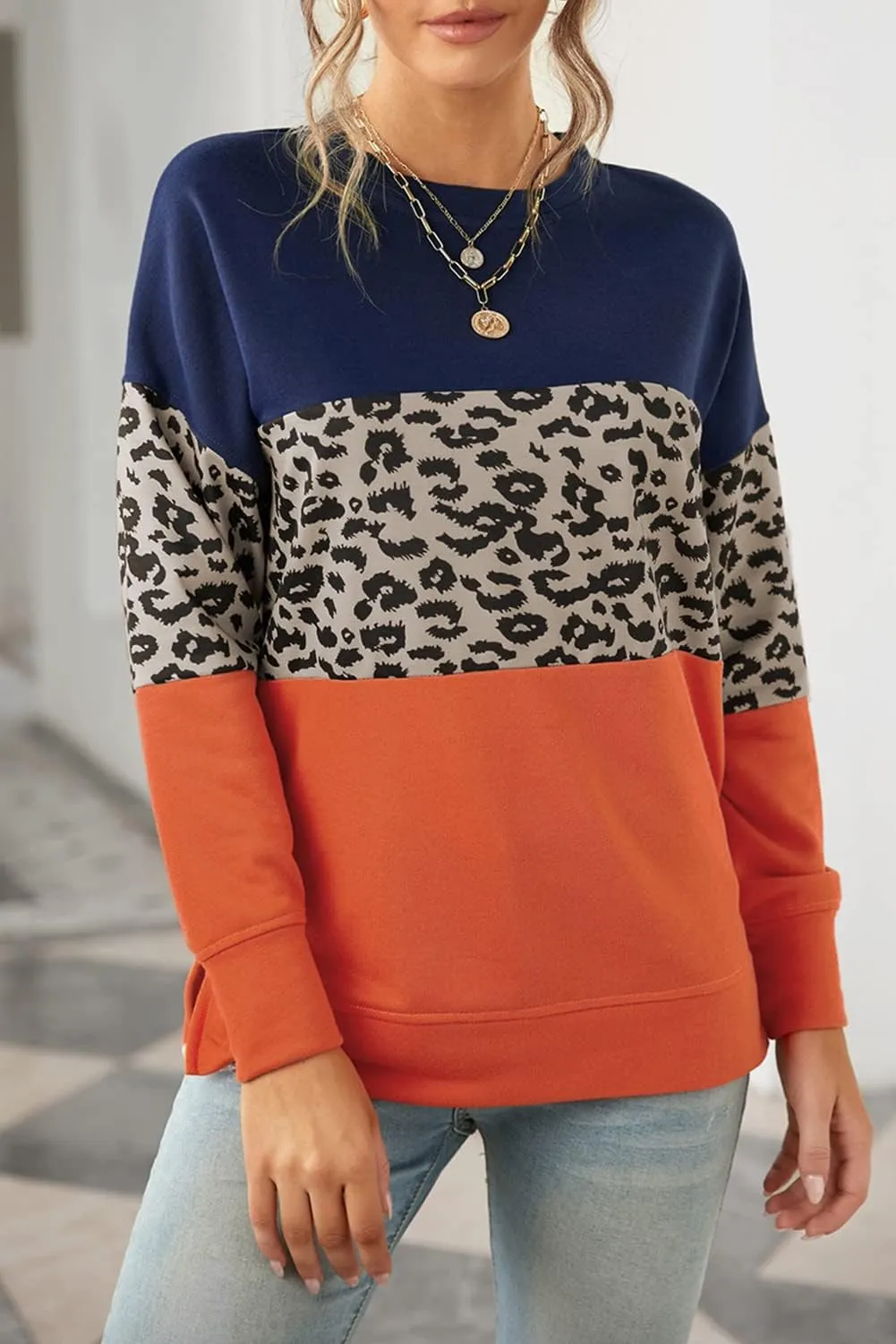 NEYOUQE Women Crewneck Pullover Sweatshirt Casual Fall Fashion Color Block Loose Long Sleeve Tops Plain Sweatshirts