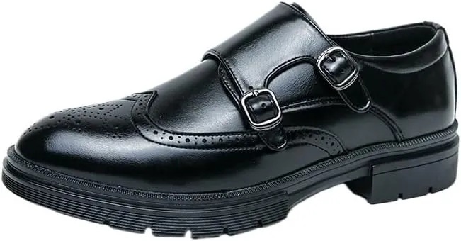 Non Slip Dress Shoes for Mens Men Fashion Formal Handmade Brogue Dress Cow Genuine Leather Gentleman Double Buckles Monk Shoe Pointed Black Wedding Flats