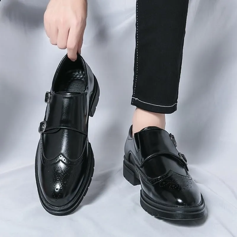 Non Slip Dress Shoes for Mens Men Fashion Formal Handmade Brogue Dress Cow Genuine Leather Gentleman Double Buckles Monk Shoe Pointed Black Wedding Flats