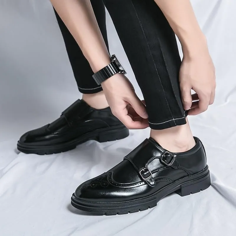 Non Slip Dress Shoes for Mens Men Fashion Formal Handmade Brogue Dress Cow Genuine Leather Gentleman Double Buckles Monk Shoe Pointed Black Wedding Flats