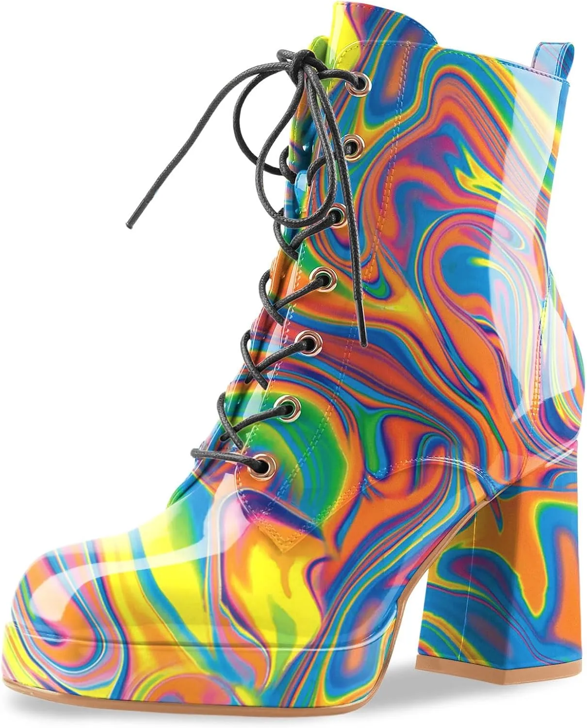 Oh Mispares Women's Platform Ankle Boots with High Chunky Heel Fashion Lace-up Square toe Patent Leather Booties