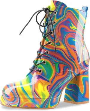 Oh Mispares Women's Platform Ankle Boots with High Chunky Heel Fashion Lace-up Square toe Patent Leather Booties