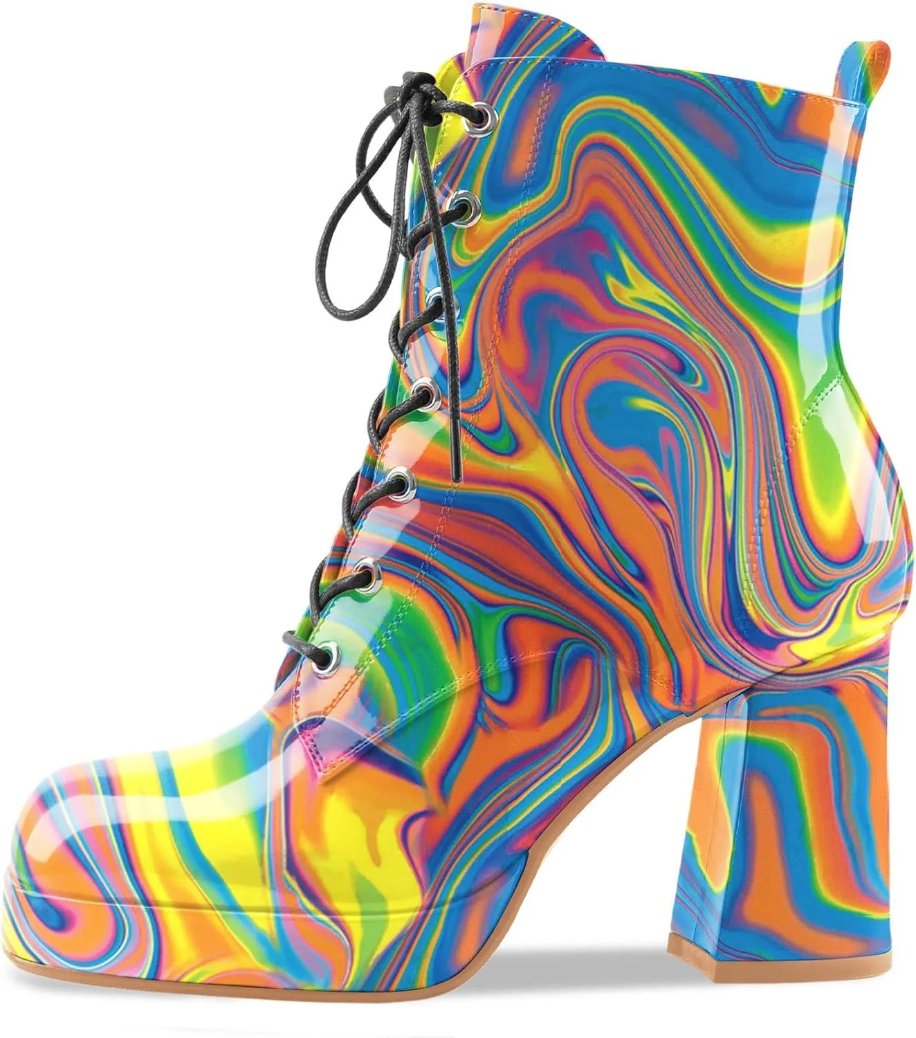 Oh Mispares Women's Platform Ankle Boots with High Chunky Heel Fashion Lace-up Square toe Patent Leather Booties