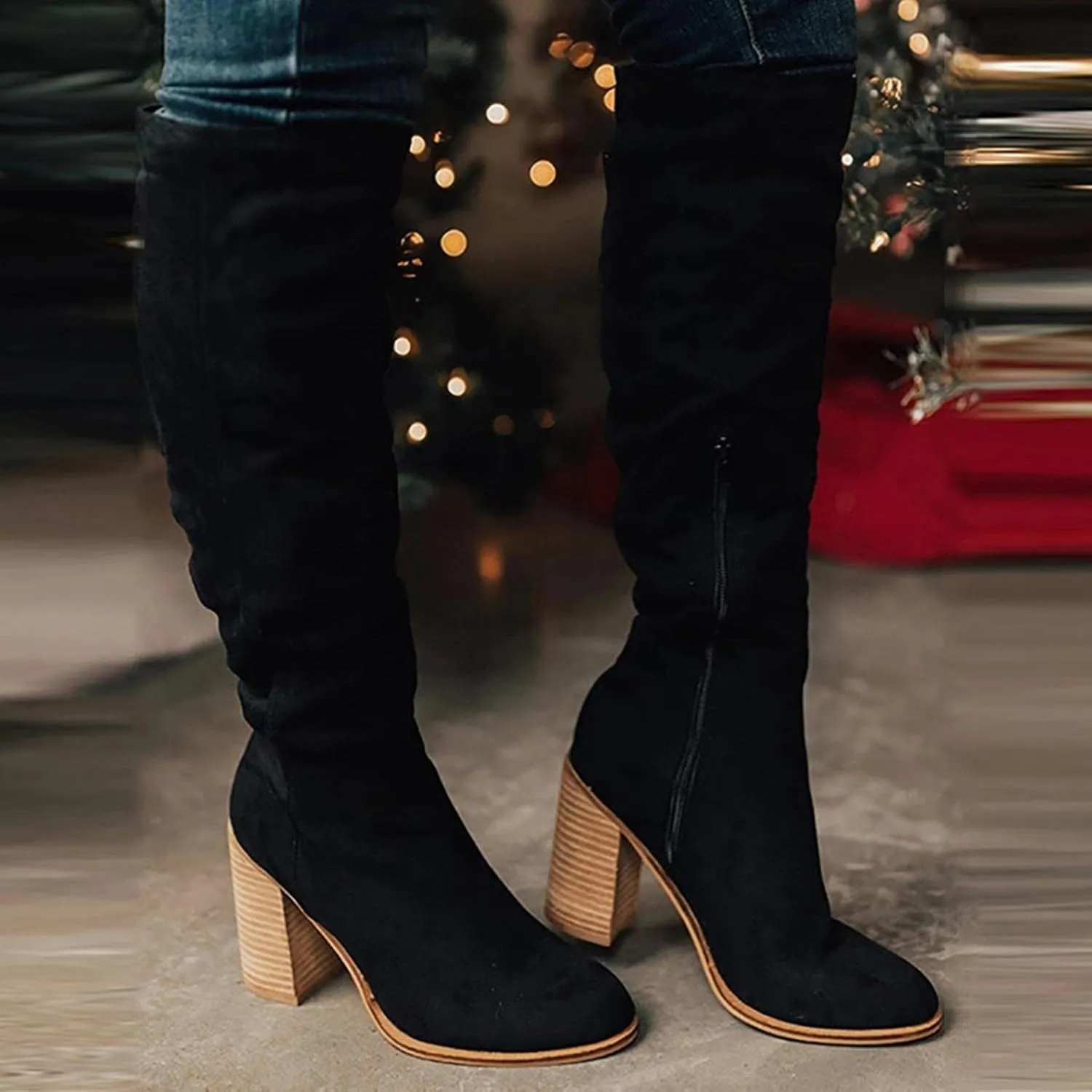 Over Knee Boots for Women Wide Calf Plus Size Fashion Boot Block High Heel Side Zipper Booties Casual Cozy Winter Boots