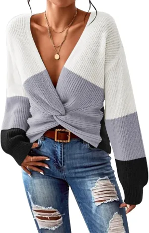 Pink Queen Women's 2024 Casual Pullover Sweaters Sexy V Neck Long Sleeve Twist Knot Cropped Knit Sweater Tops