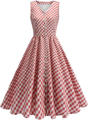 Plaid Dresses for Women 2025 Summer Sleeveless V Neck Button Down Dress Casual Fitted Flare Retro Ladies Sundress