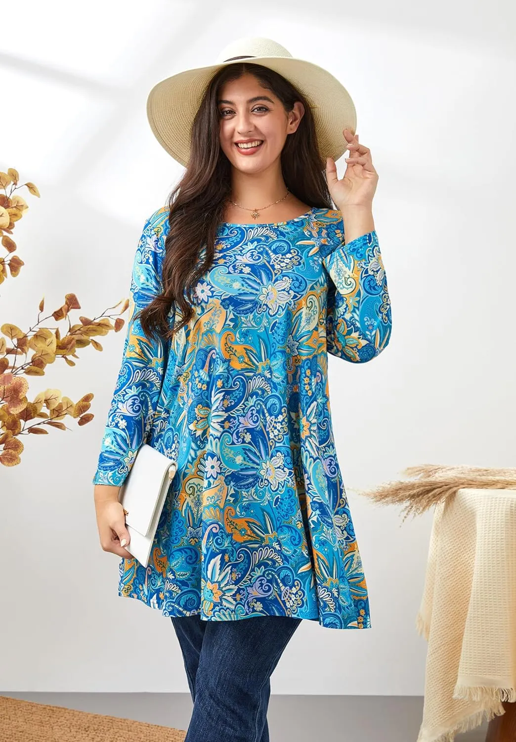 Plus Size Tunic Tops for Women 3/4 Sleeve Loose Fit Swing Tunics Dressy Casual Floral Top to Wear with Leggings