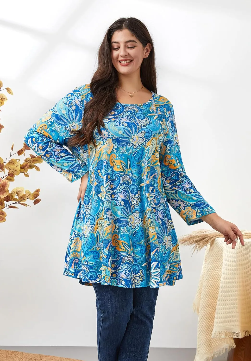 Plus Size Tunic Tops for Women 3/4 Sleeve Loose Fit Swing Tunics Dressy Casual Floral Top to Wear with Leggings