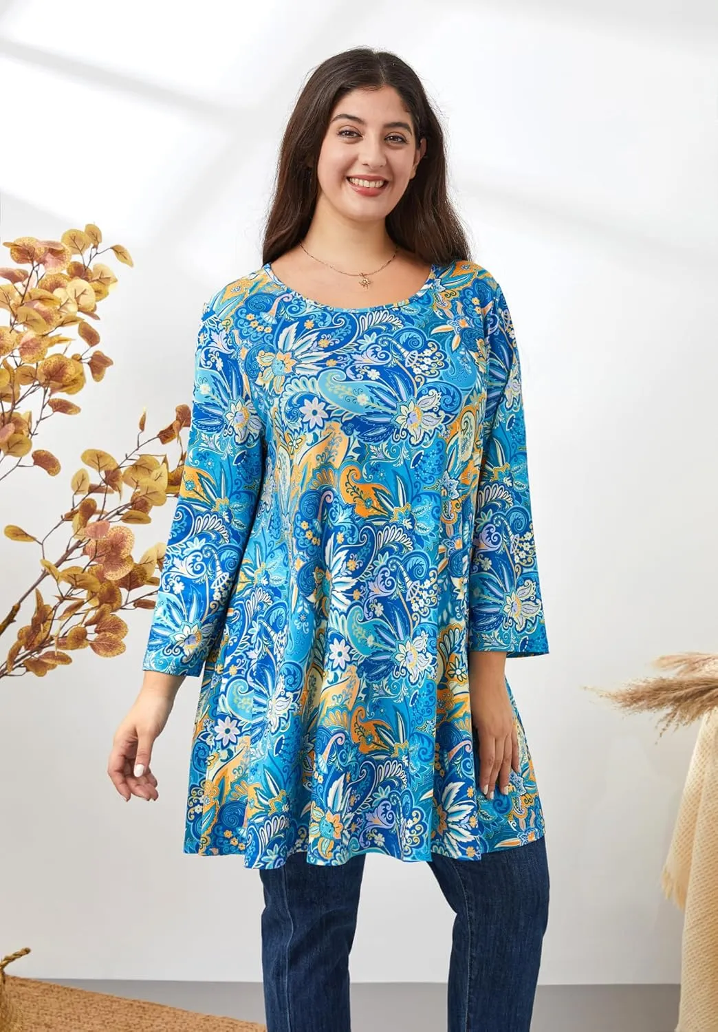 Plus Size Tunic Tops for Women 3/4 Sleeve Loose Fit Swing Tunics Dressy Casual Floral Top to Wear with Leggings