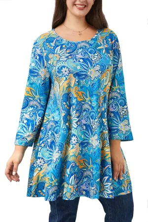 Plus Size Tunic Tops for Women 3/4 Sleeve Loose Fit Swing Tunics Dressy Casual Floral Top to Wear with Leggings