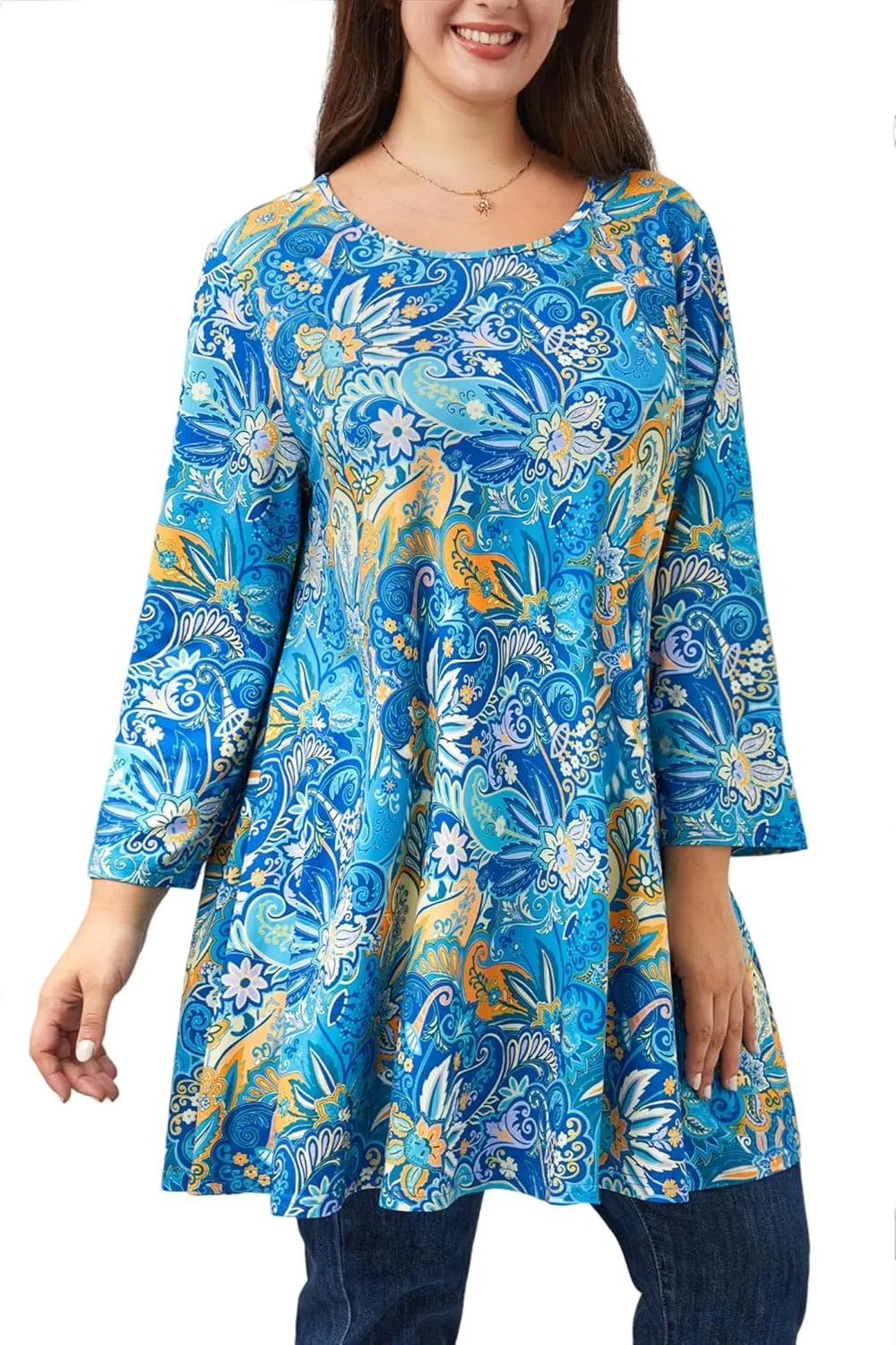 Plus Size Tunic Tops for Women 3/4 Sleeve Loose Fit Swing Tunics Dressy Casual Floral Top to Wear with Leggings