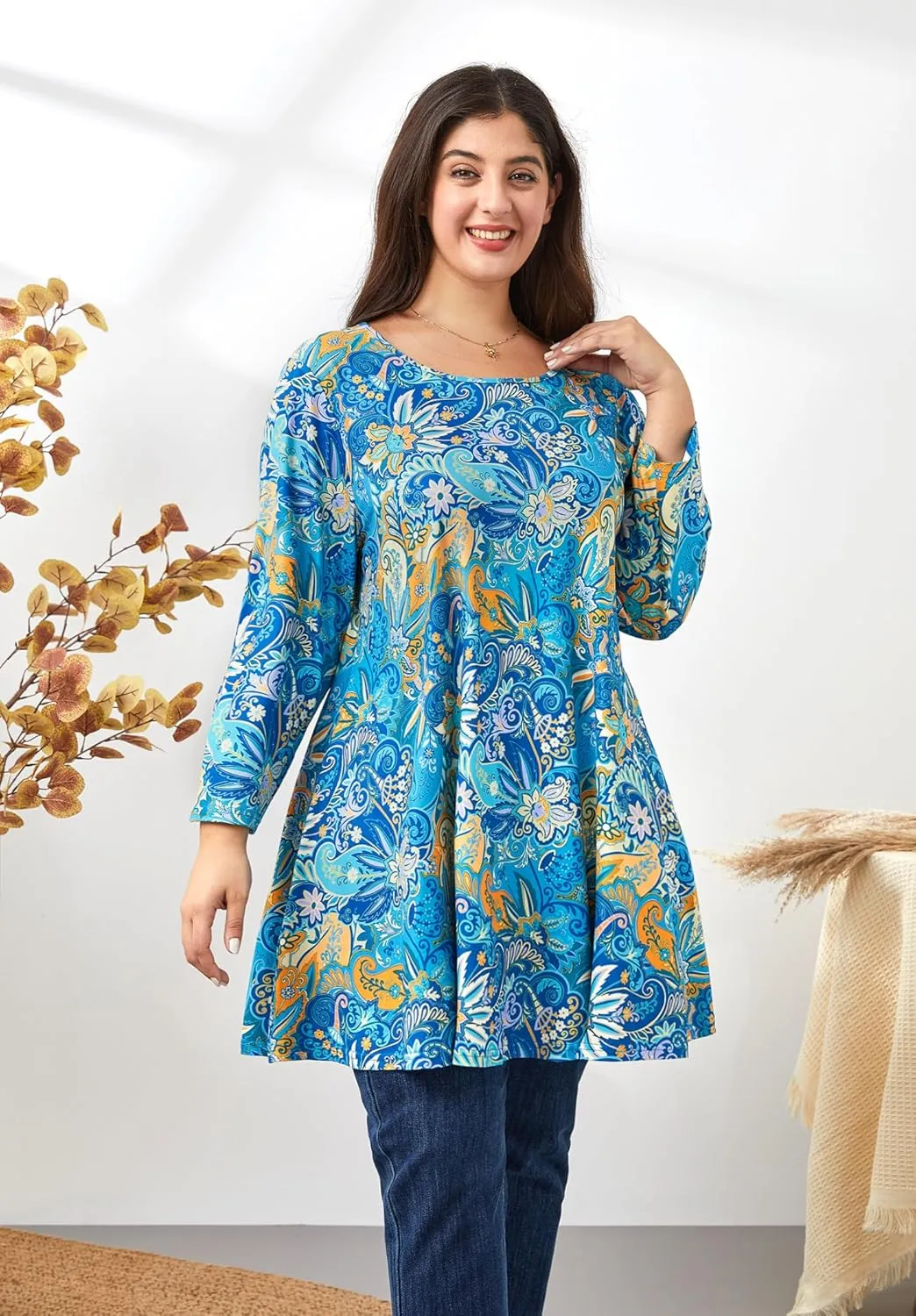 Plus Size Tunic Tops for Women 3/4 Sleeve Loose Fit Swing Tunics Dressy Casual Floral Top to Wear with Leggings