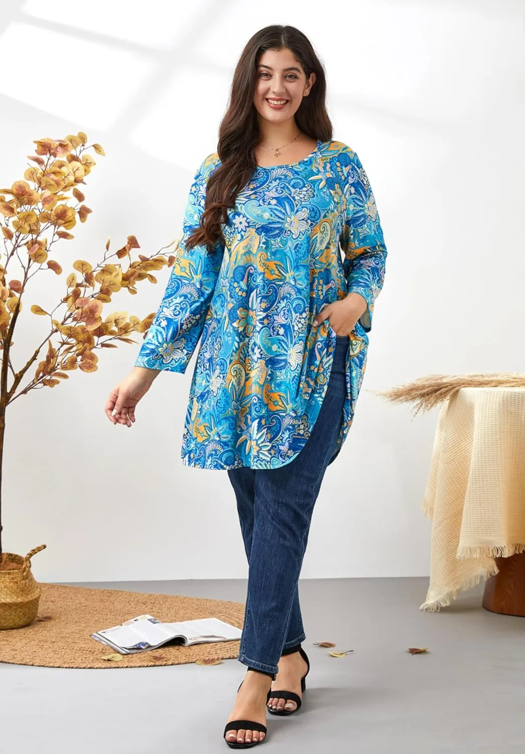 Plus Size Tunic Tops for Women 3/4 Sleeve Loose Fit Swing Tunics Dressy Casual Floral Top to Wear with Leggings