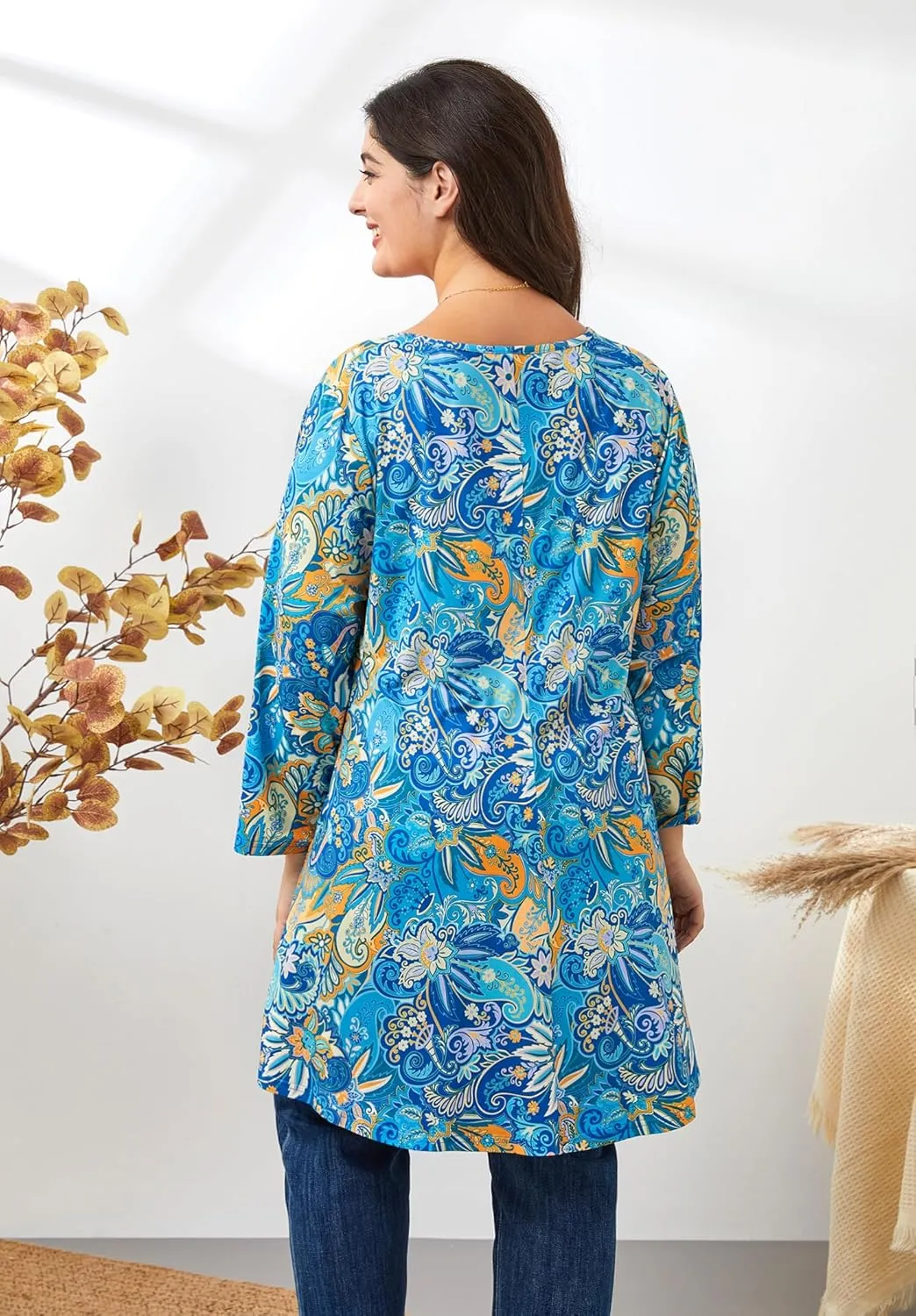 Plus Size Tunic Tops for Women 3/4 Sleeve Loose Fit Swing Tunics Dressy Casual Floral Top to Wear with Leggings