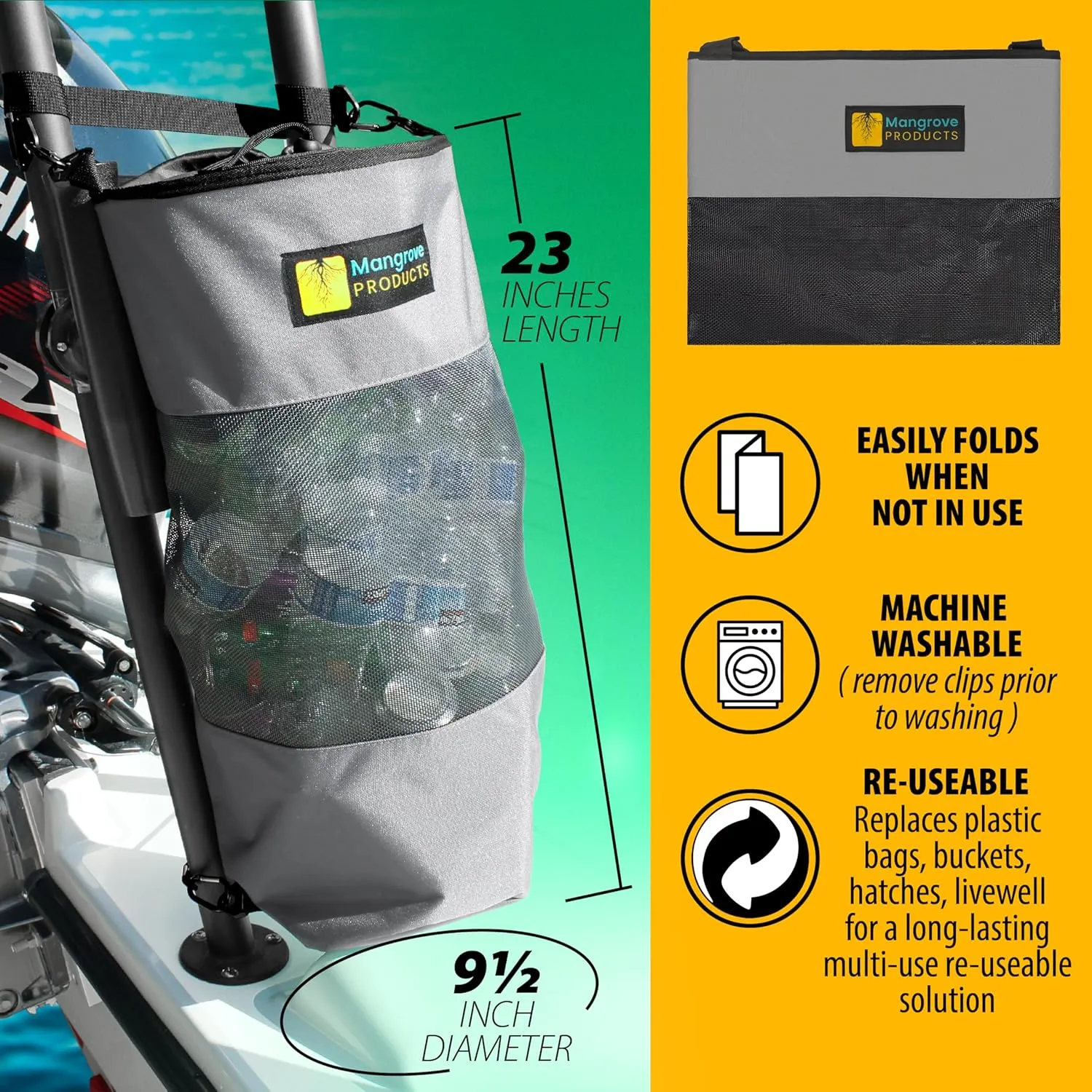 Portable Boat Trash Can, Reusable Trash Bag, Boating Equipment, Boat Storage, Boat Accessories Marine, Pontoon Boat Accessories, Fishing, Sandbar, RV, or Camping