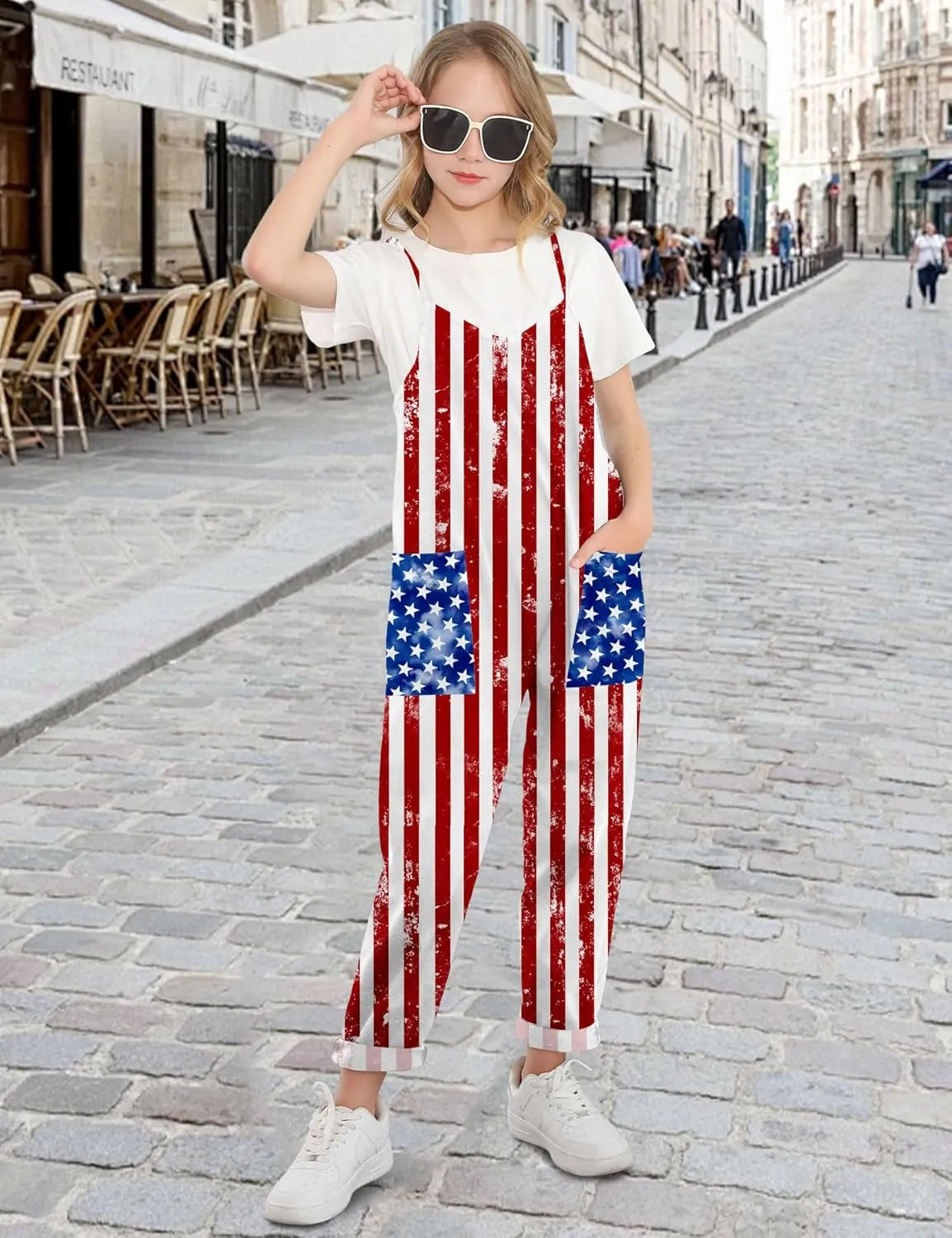 RAISEVERN Jumpsuits for Girls Casual Sleeveless Loose Spaghetti Strap Summer Rompers Long Pants with Pockets