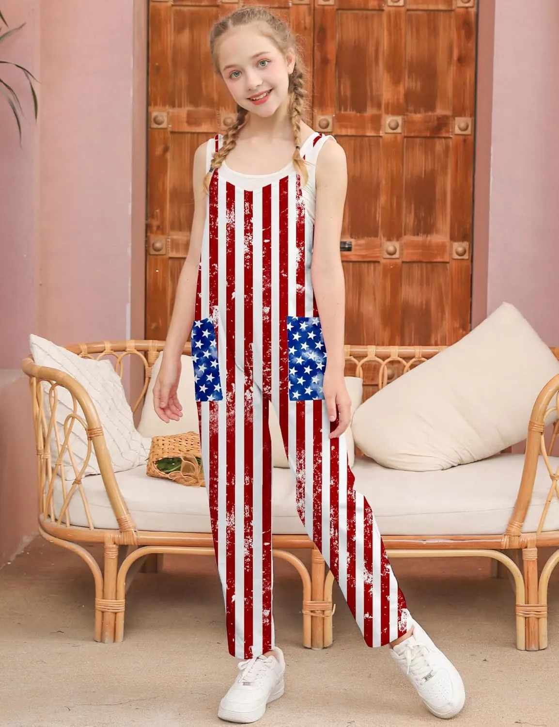 RAISEVERN Jumpsuits for Girls Casual Sleeveless Loose Spaghetti Strap Summer Rompers Long Pants with Pockets