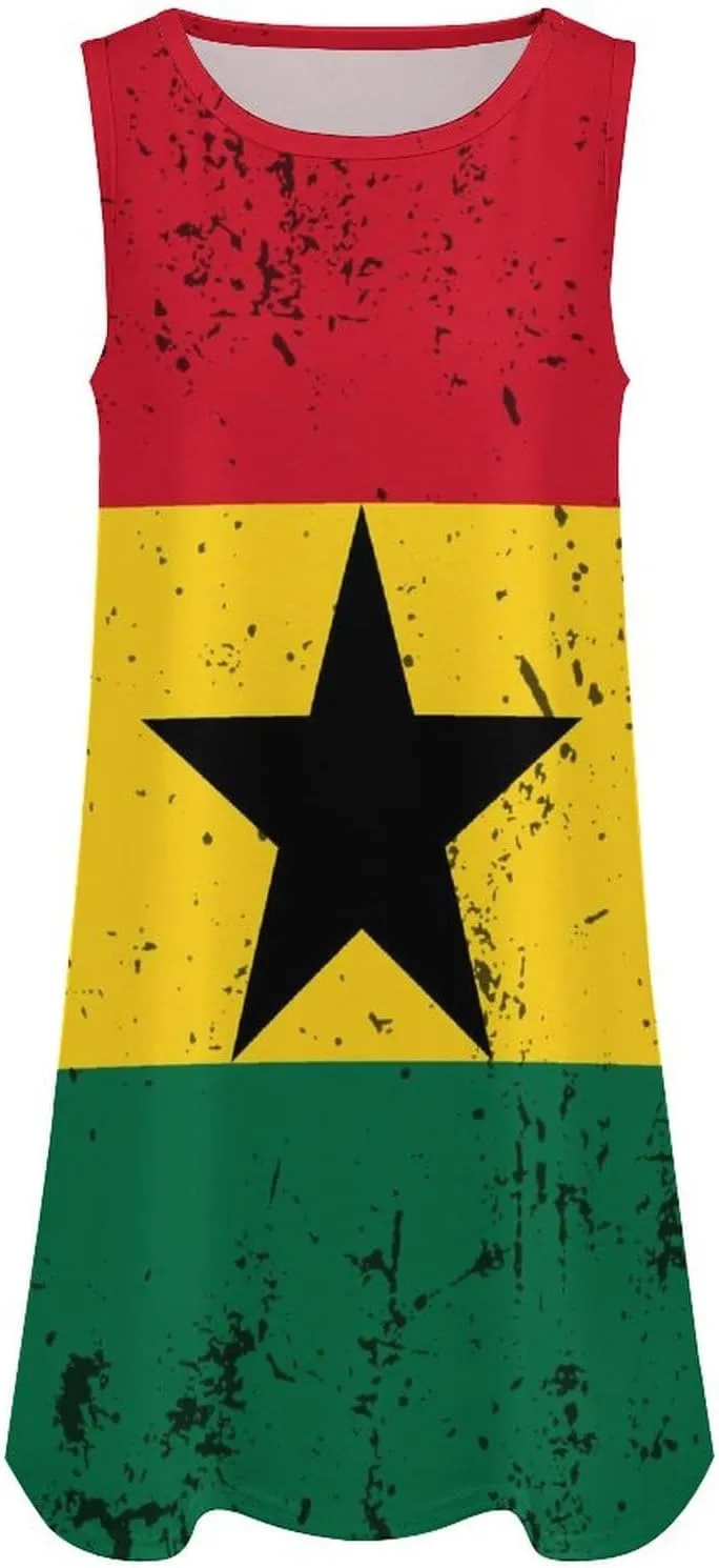 Retro Ghana Flag Women's Summer Dress Sleeveless Casual Loose Beach Vacation Tank Sundress