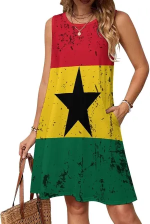 Retro Ghana Flag Women's Summer Dress Sleeveless Casual Loose Beach Vacation Tank Sundress