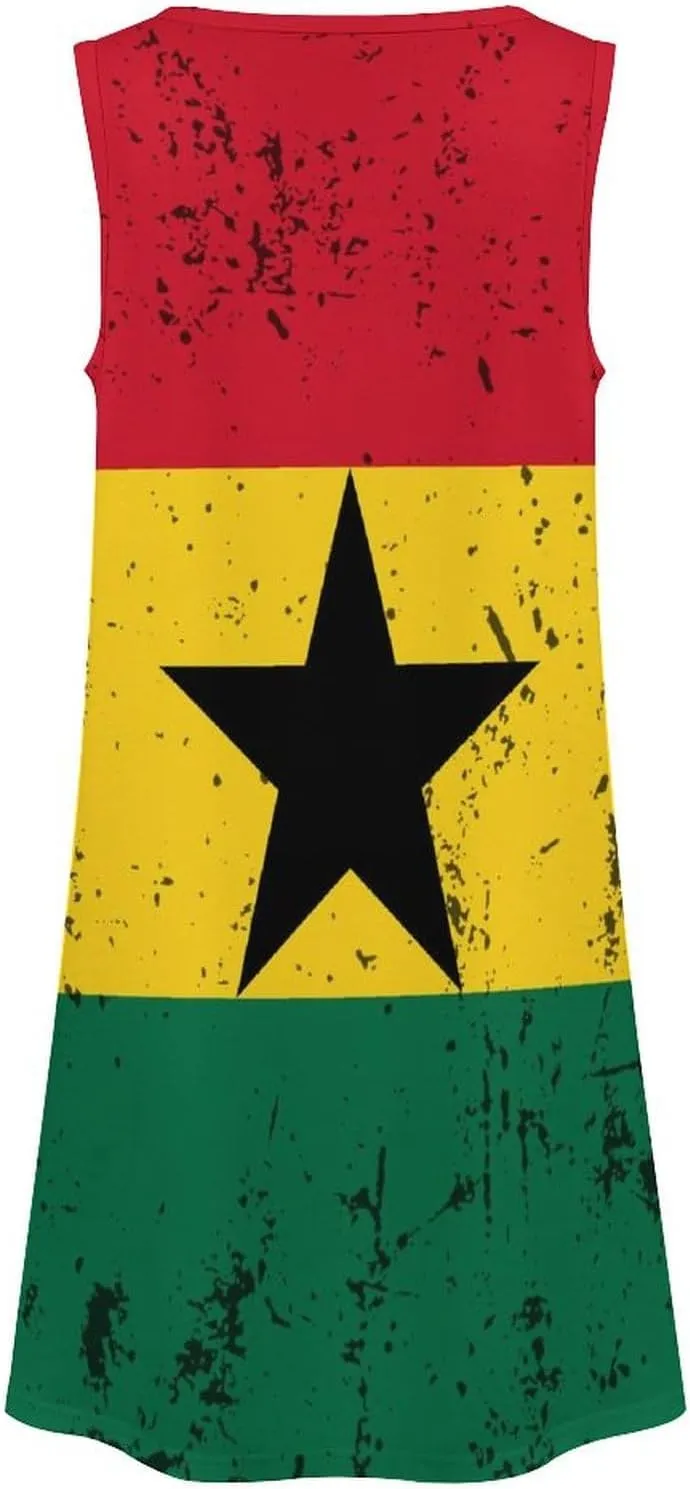 Retro Ghana Flag Women's Summer Dress Sleeveless Casual Loose Beach Vacation Tank Sundress