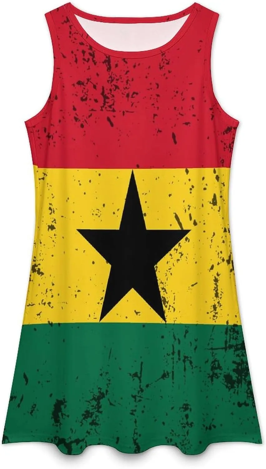 Retro Ghana Flag Women's Summer Dress Sleeveless Casual Loose Beach Vacation Tank Sundress