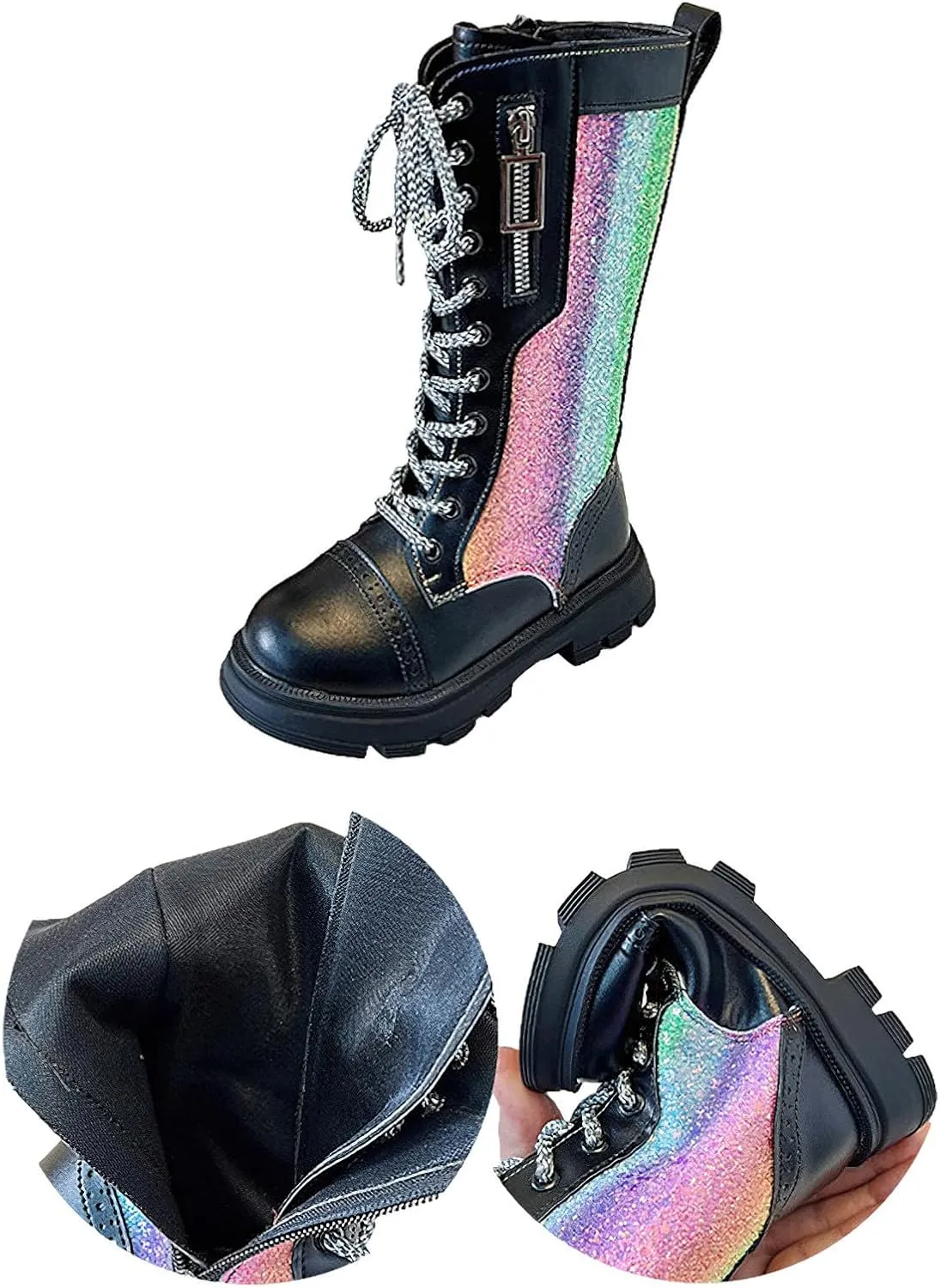 rismart Girls Knee High Boots with Side Zipper Lace-up Sparkly Riding Shoes for Kids Party Christmas Holiday
