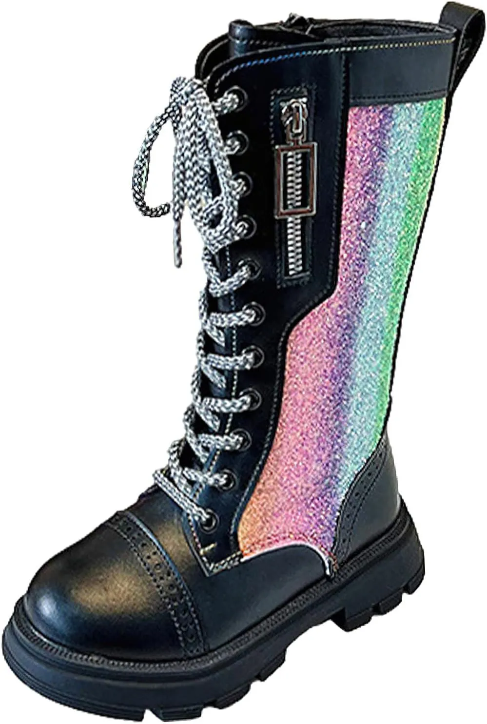 rismart Girls Knee High Boots with Side Zipper Lace-up Sparkly Riding Shoes for Kids Party Christmas Holiday