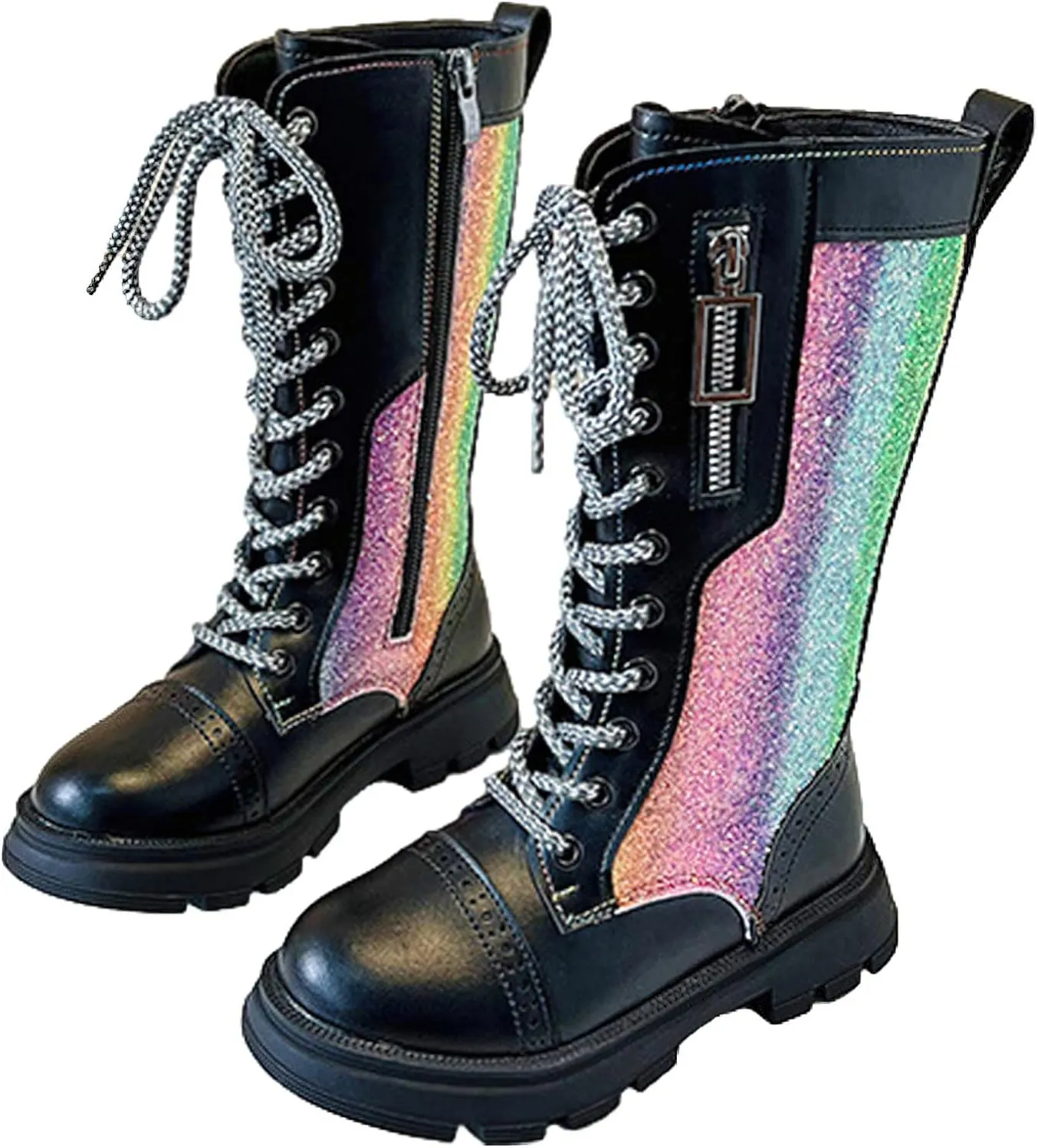 rismart Girls Knee High Boots with Side Zipper Lace-up Sparkly Riding Shoes for Kids Party Christmas Holiday