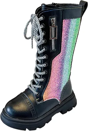 rismart Girls Knee High Boots with Side Zipper Lace-up Sparkly Riding Shoes for Kids Party Christmas Holiday