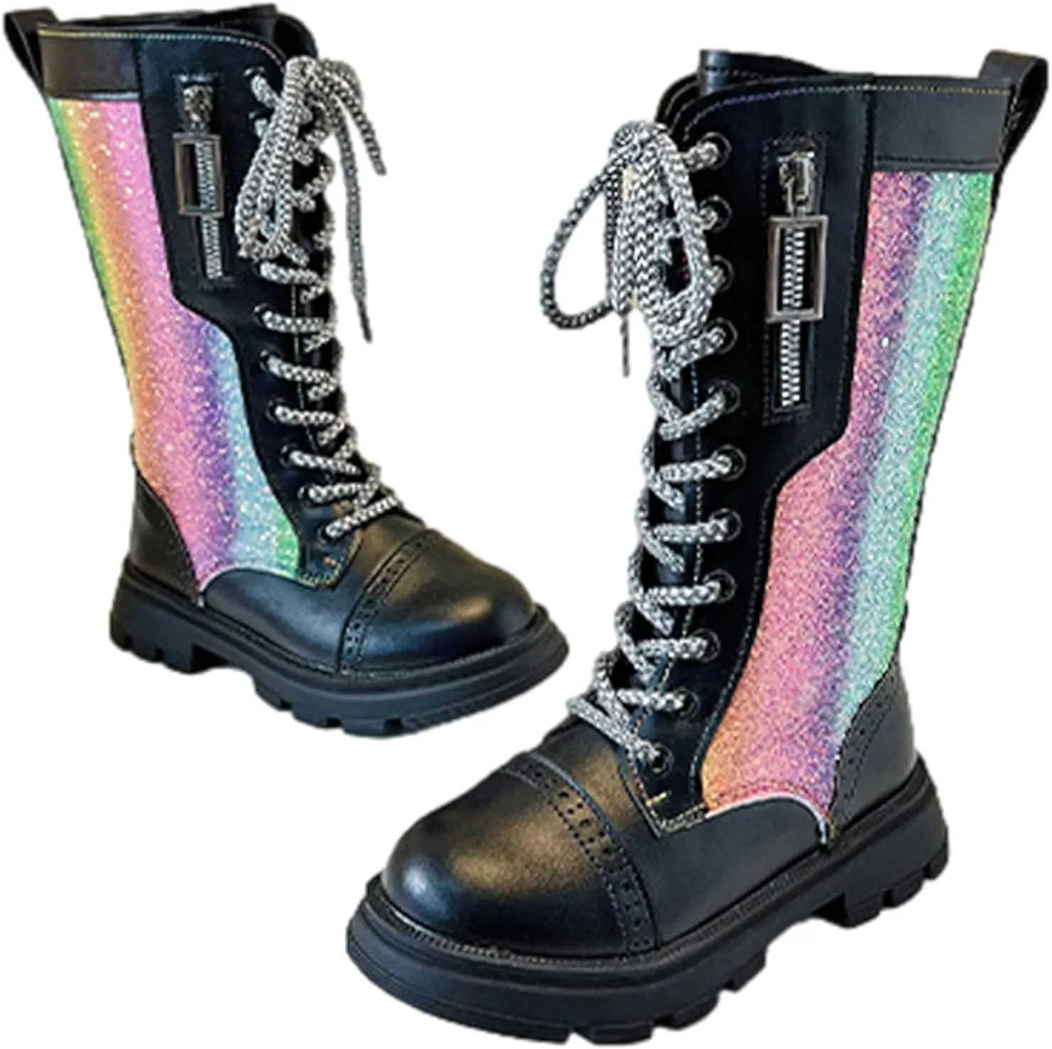 rismart Girls Knee High Boots with Side Zipper Lace-up Sparkly Riding Shoes for Kids Party Christmas Holiday