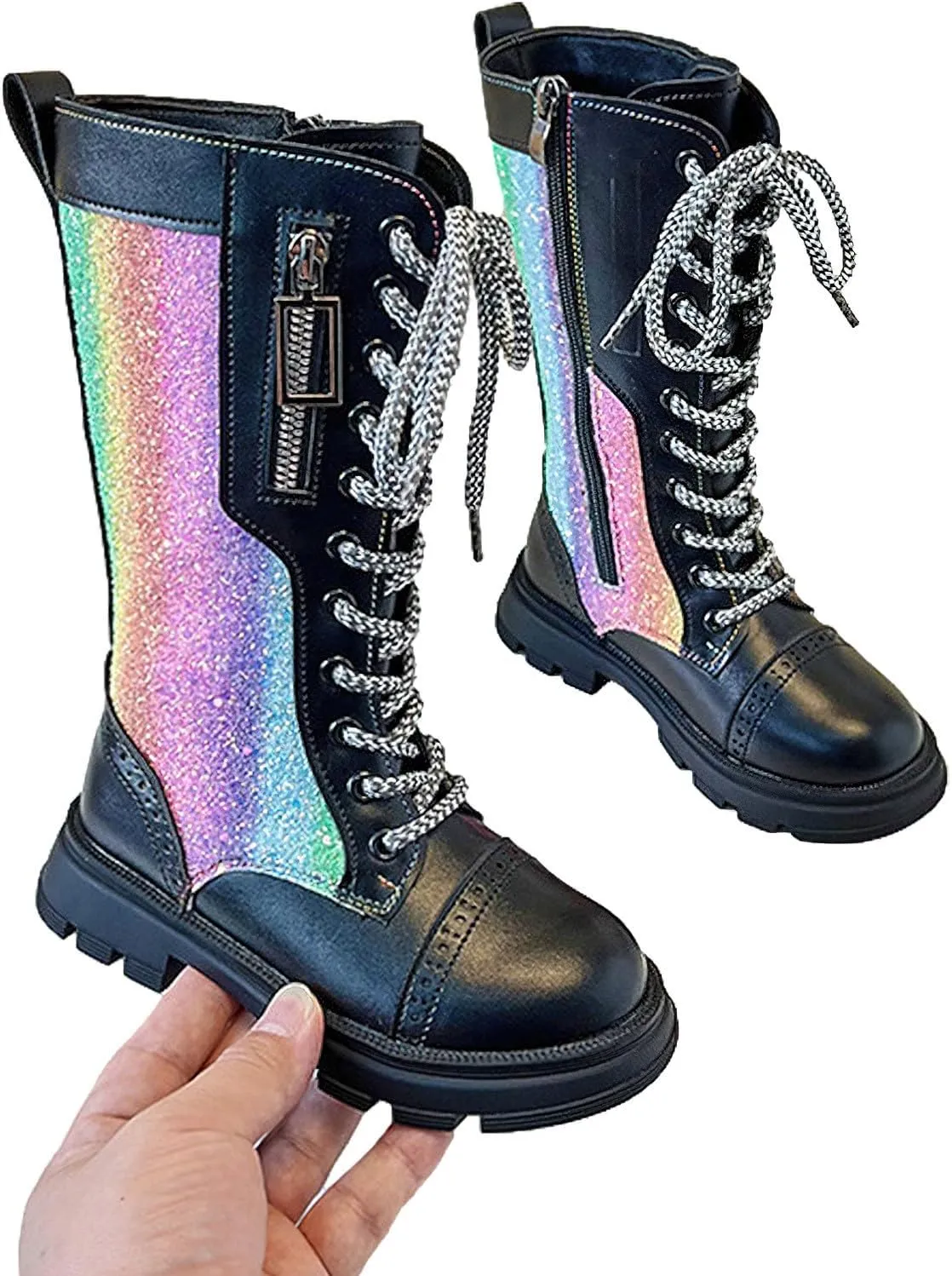rismart Girls Knee High Boots with Side Zipper Lace-up Sparkly Riding Shoes for Kids Party Christmas Holiday