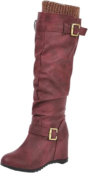 Scaoruki Women Winter Shoes Wedge Heels Slouch Boots