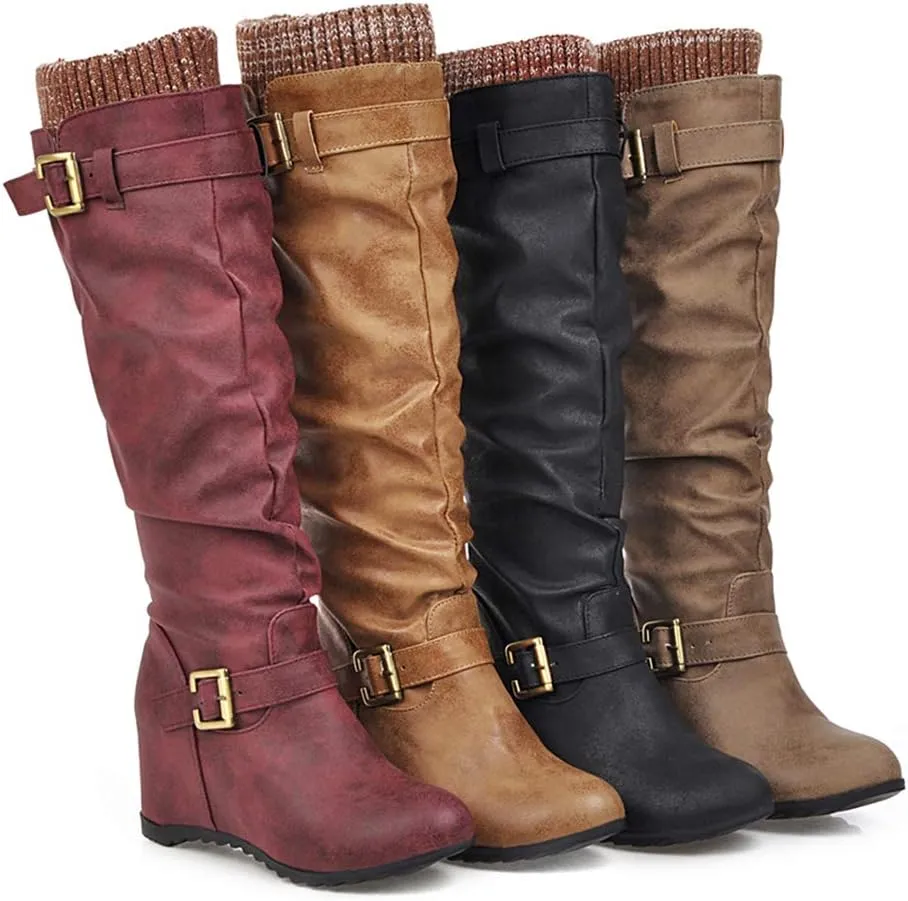 Scaoruki Women Winter Shoes Wedge Heels Slouch Boots