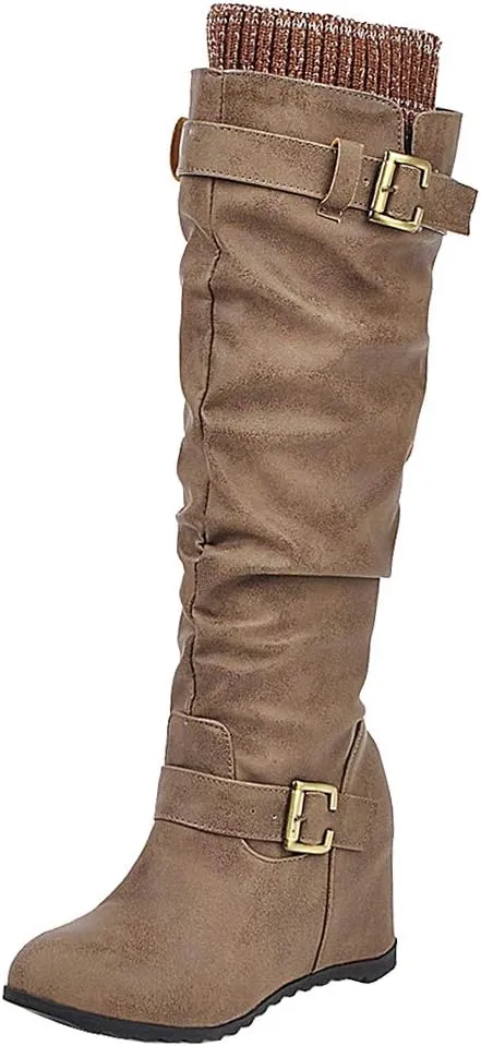 Scaoruki Women Winter Shoes Wedge Heels Slouch Boots