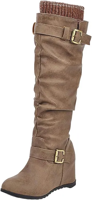 Scaoruki Women Winter Shoes Wedge Heels Slouch Boots