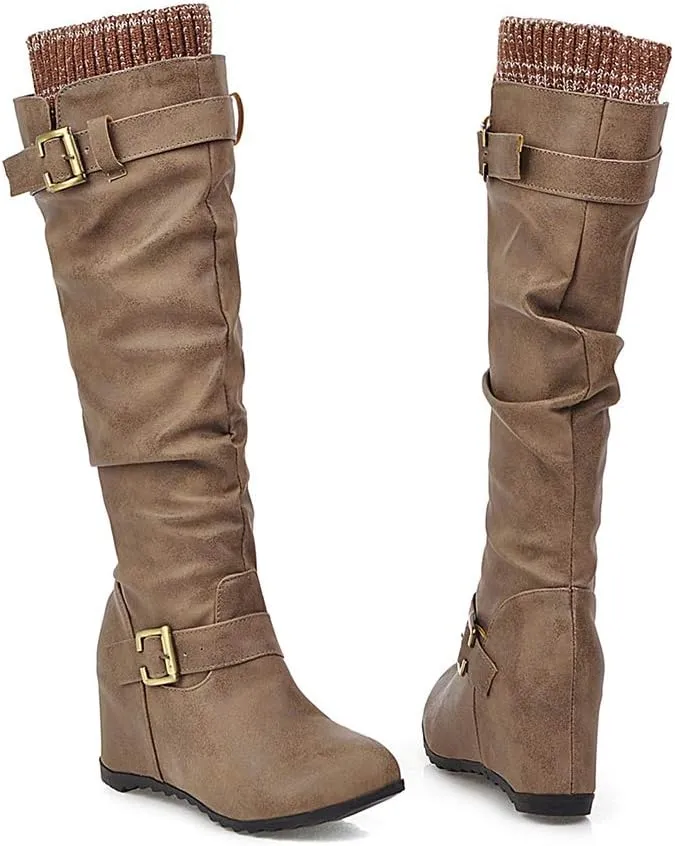 Scaoruki Women Winter Shoes Wedge Heels Slouch Boots