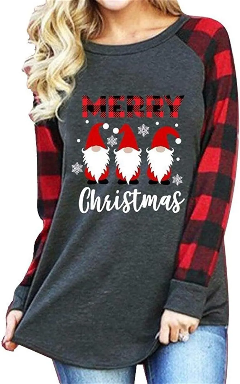 SFHFY Merry Christmas Shirts for Women Gnomes T-Shirt Lights Plaid Splicing Raglan Long Sleeve Tee Xmas Holiday Pullover Top